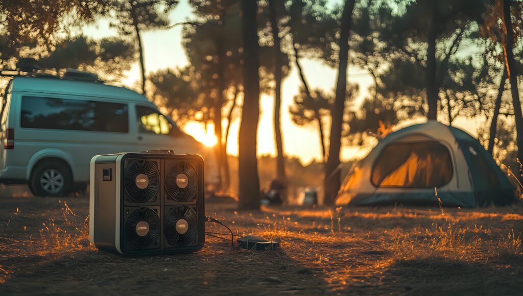 Electric heater place on the ground with tent and campervan in background - set in forrest 